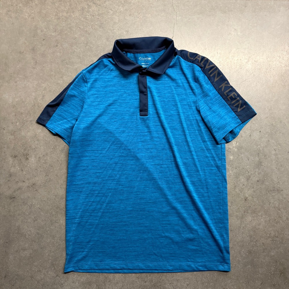 Calvin Klein Performance Mens Blue Space Dye Logo Shoulder Polo Shirt Small
